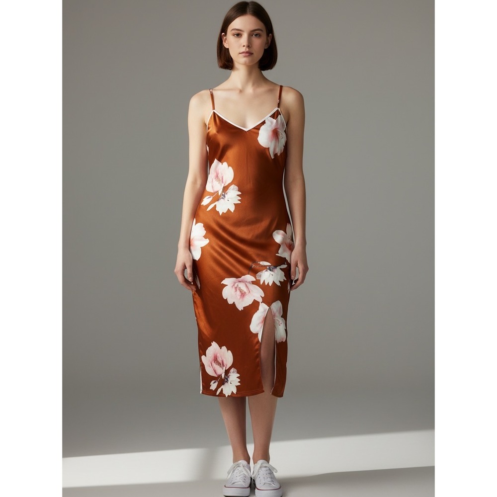 Parisian Dress Womens Floral Midi Cami Rust Orange Size 8 Excellent V-Neck Slit